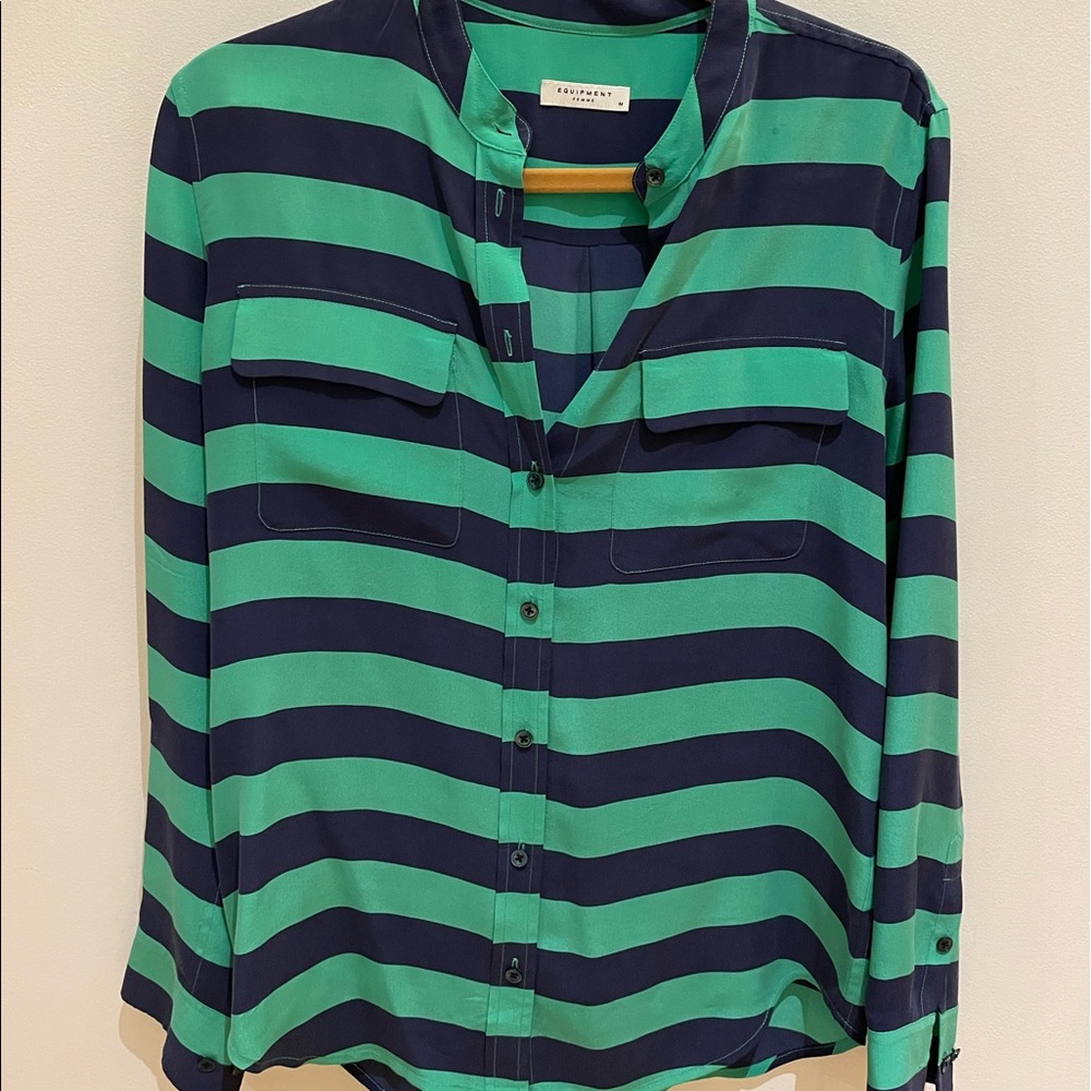Equipment silk blue green stripe shirt